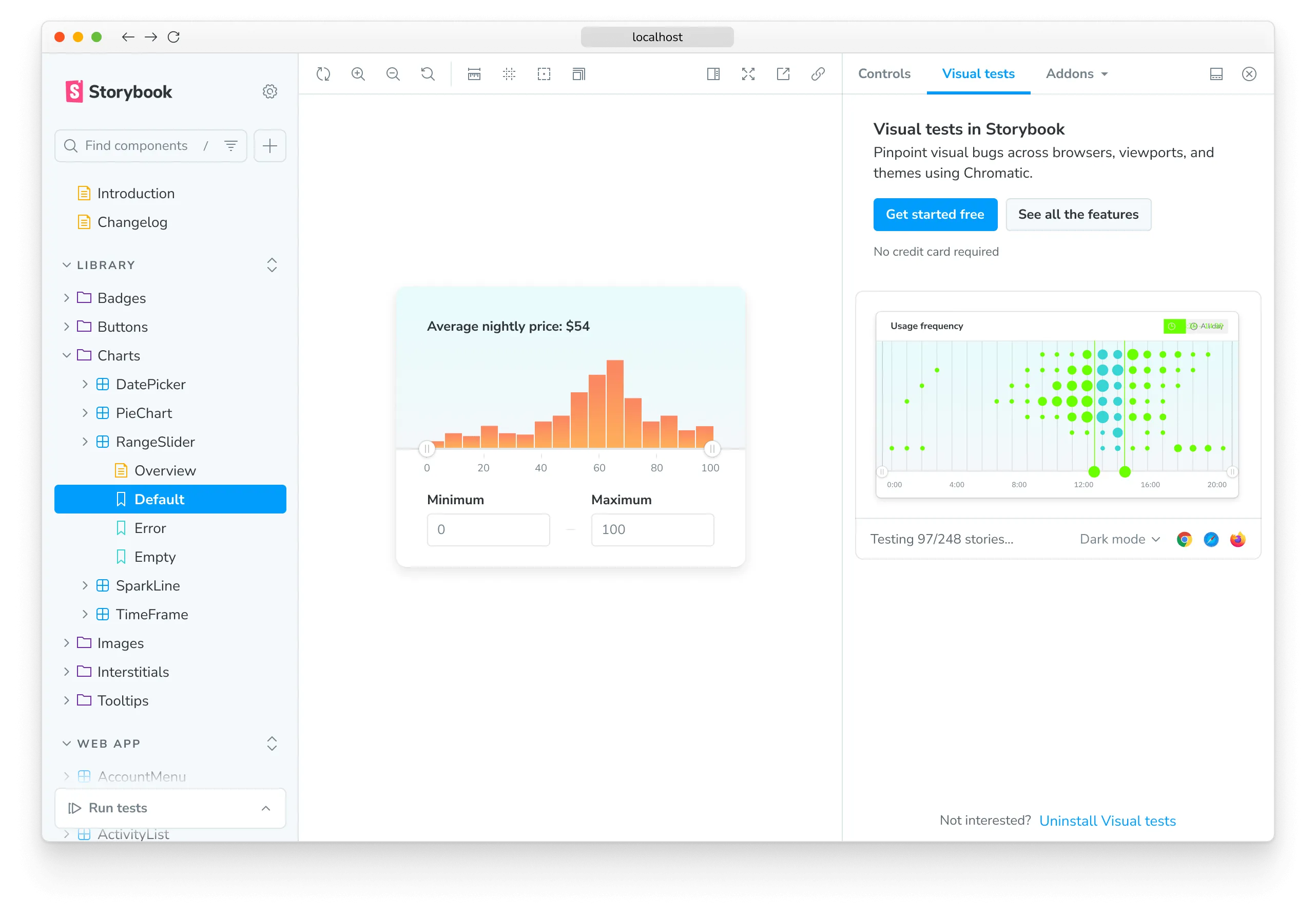Once the addon is installed, you should see the Visual Tests Addon panel in your Storybook